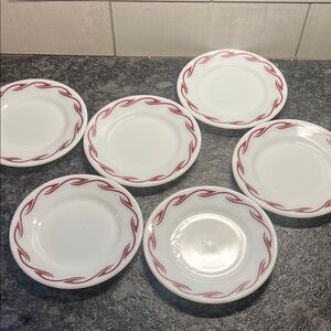 Pyrex Vintage Classic White Dinner Plates with Red Scroll Border - Set of 6